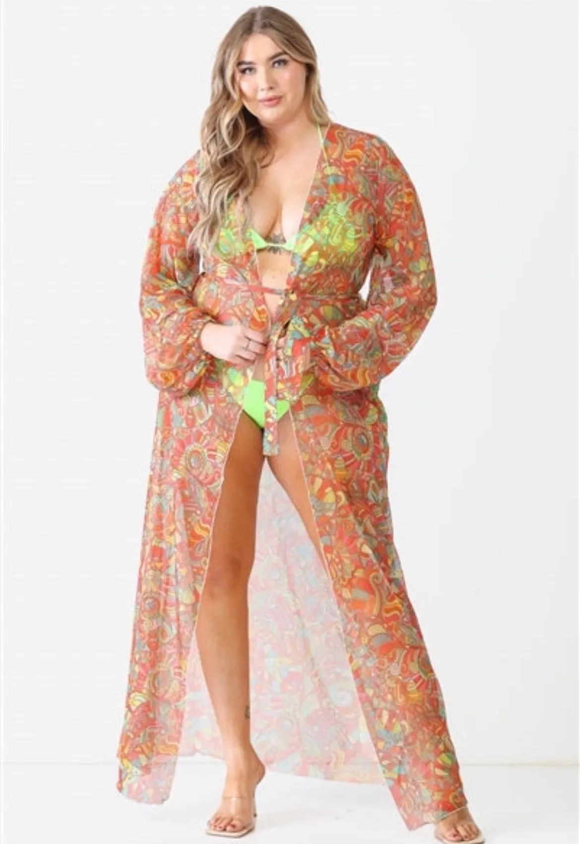 Junior Plus Multicolor Paisley Open Front Long Sleeve Kimono / Cover Up