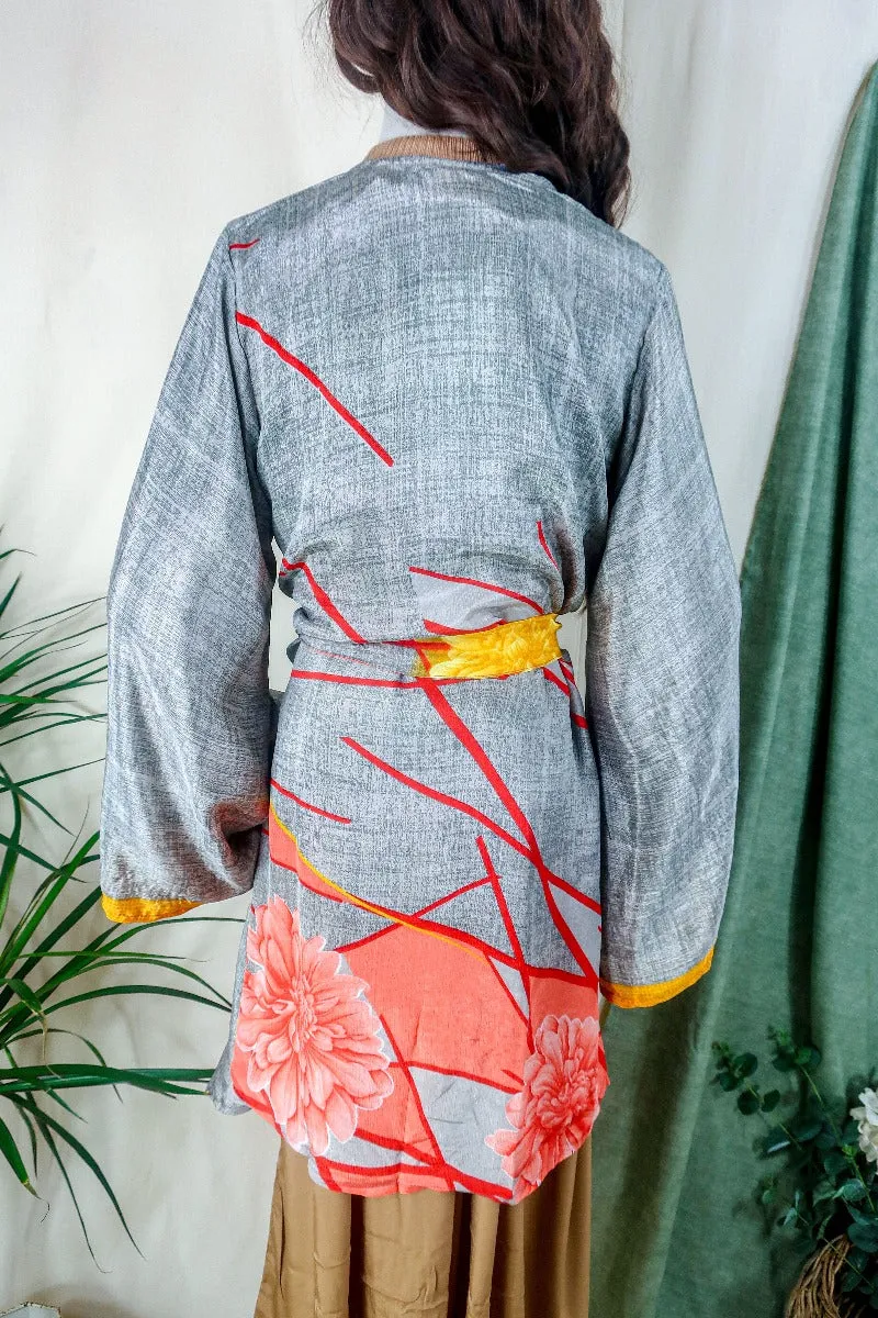 Karina Kimono Jacket - Vintage Sari - Grey Smoke Abstract - Free Size M/L