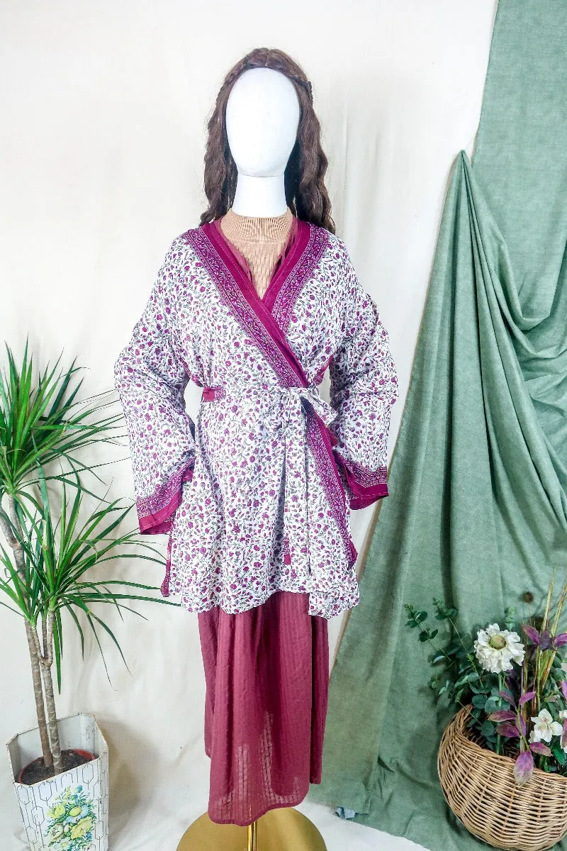 Karina Kimono Jacket - Vintage Sari - Salt White & Rosehip Wildflower - Free Size S/M