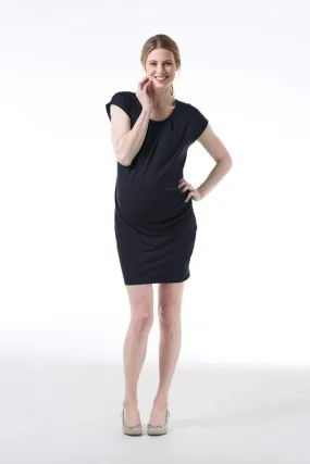 Kimono Sleeves Maternity Dress Bamboo Cotton With Pleats Black