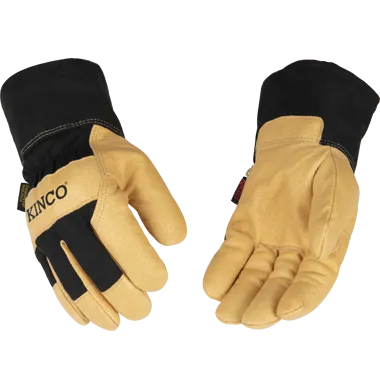 Kinco 1928 Golden Grain Pigskin Palm Lined Cotton-Blend Canvas Safety Cuff with Shirred Elastic Wrist Thermal Insulation Gloves (One Dozen)