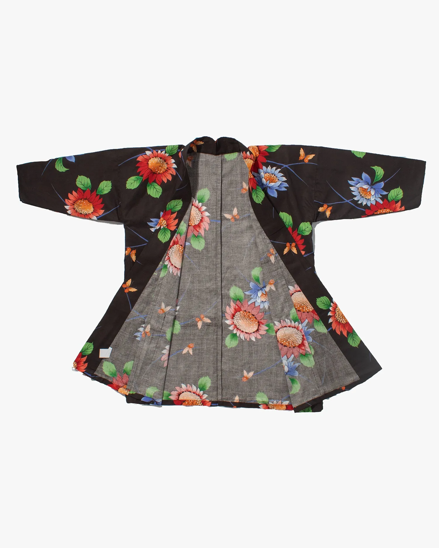 Kiriko Custom, Altered Yukata Jacket, Black with Red Sunflowers and Multi color Patterns