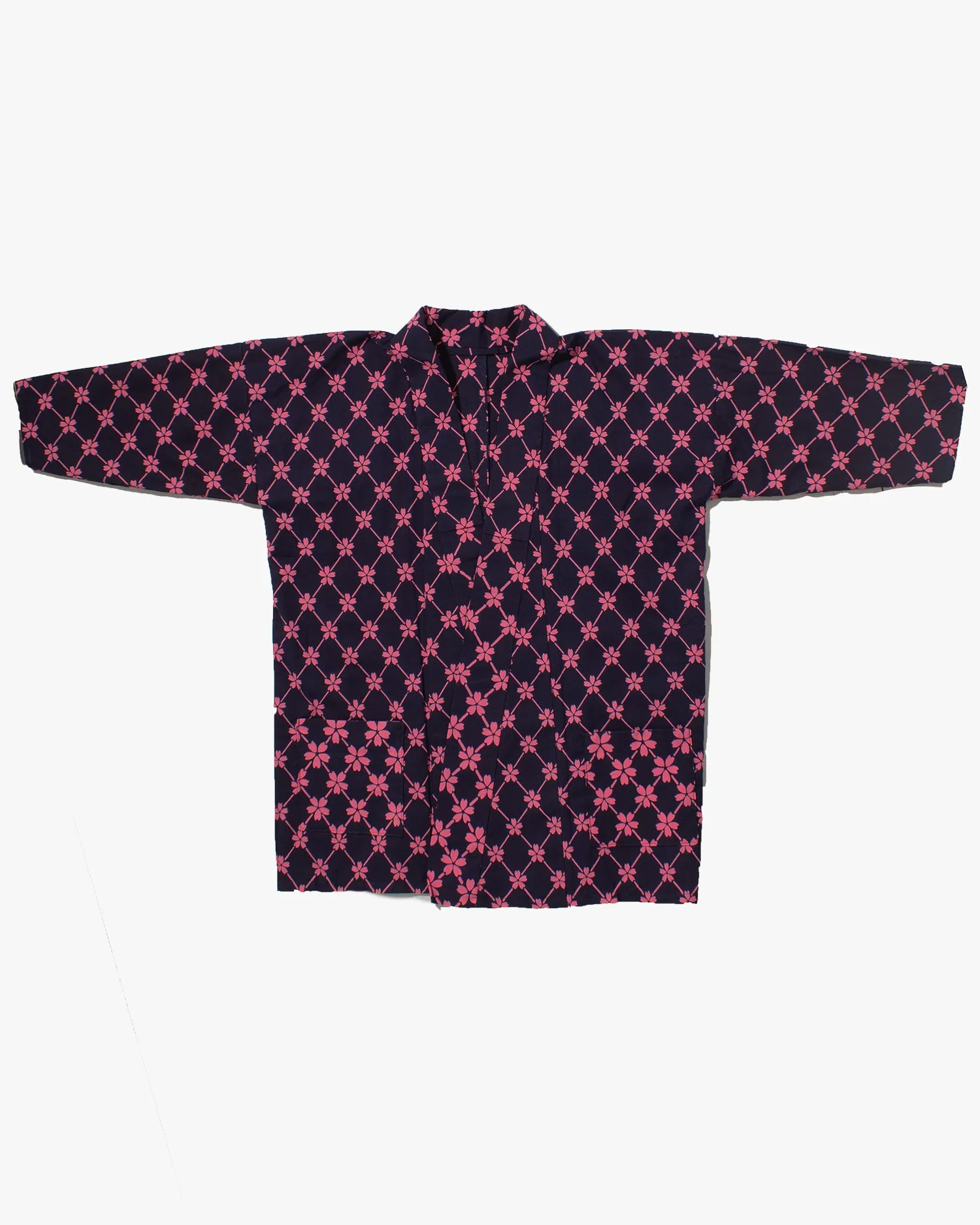 Kiriko Custom, Altered Yukata Jacket, Navy with Bright Pink Sakura and Cross Patterns