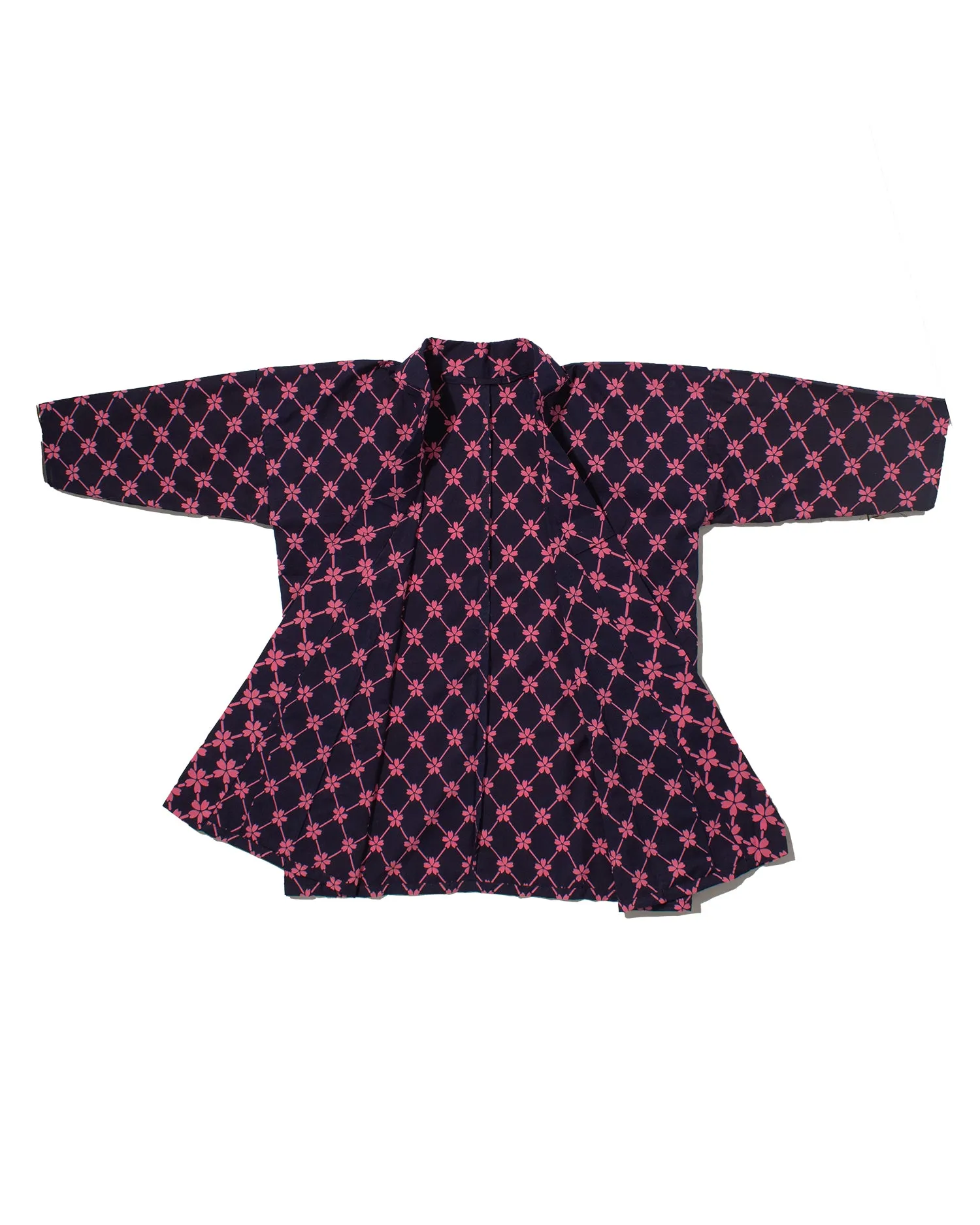 Kiriko Custom, Altered Yukata Jacket, Navy with Bright Pink Sakura and Cross Patterns