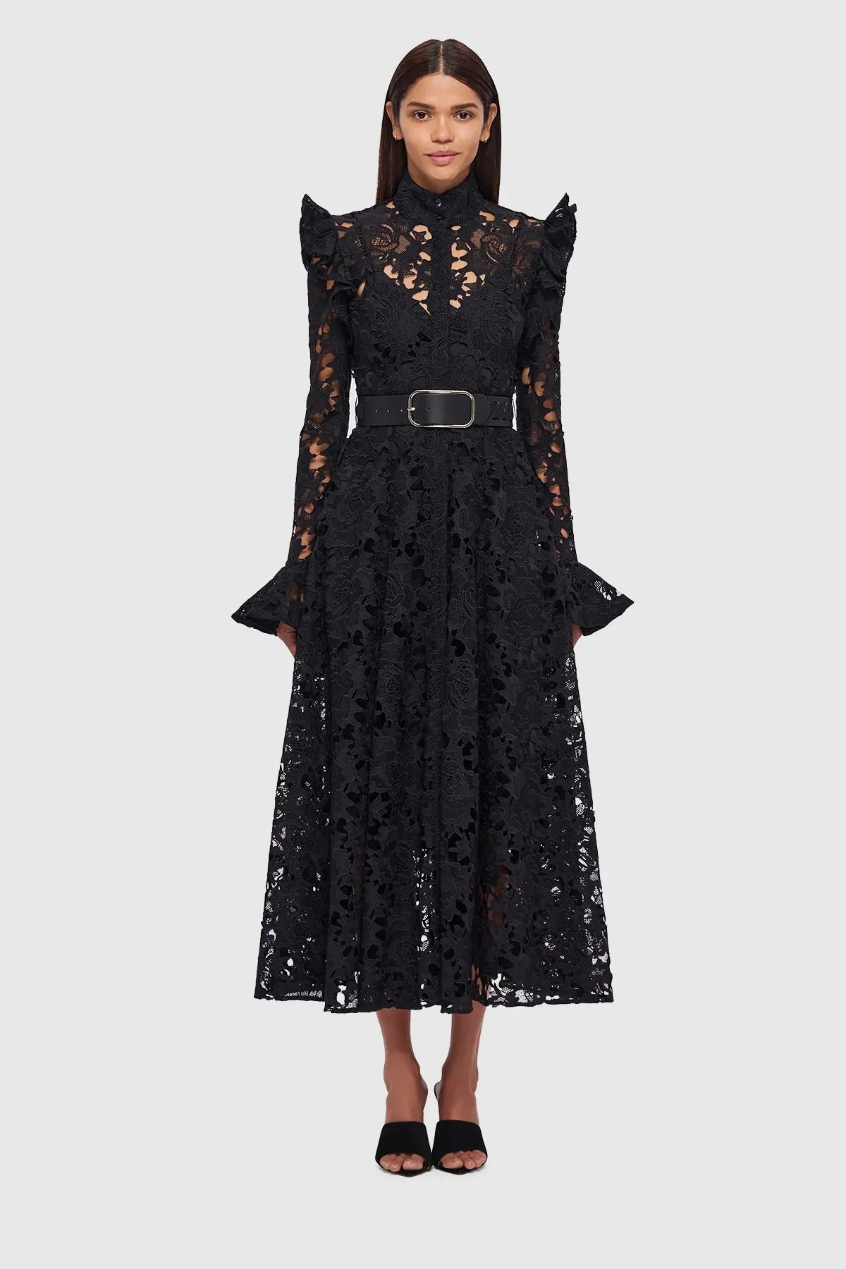 Leo Lin Aliyah Lace Butterfly Sleeve Midi Dress - Ebony