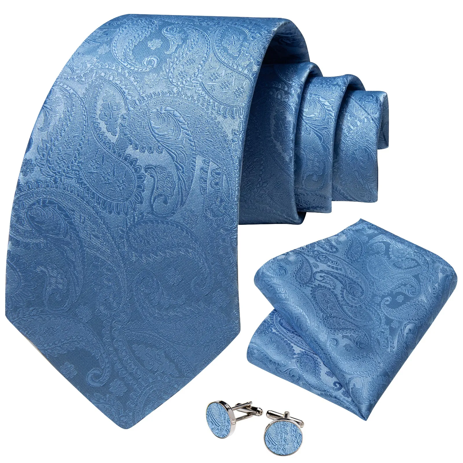 Light Blue Paisley Silk Tie Pocket Square Cufflinks Set