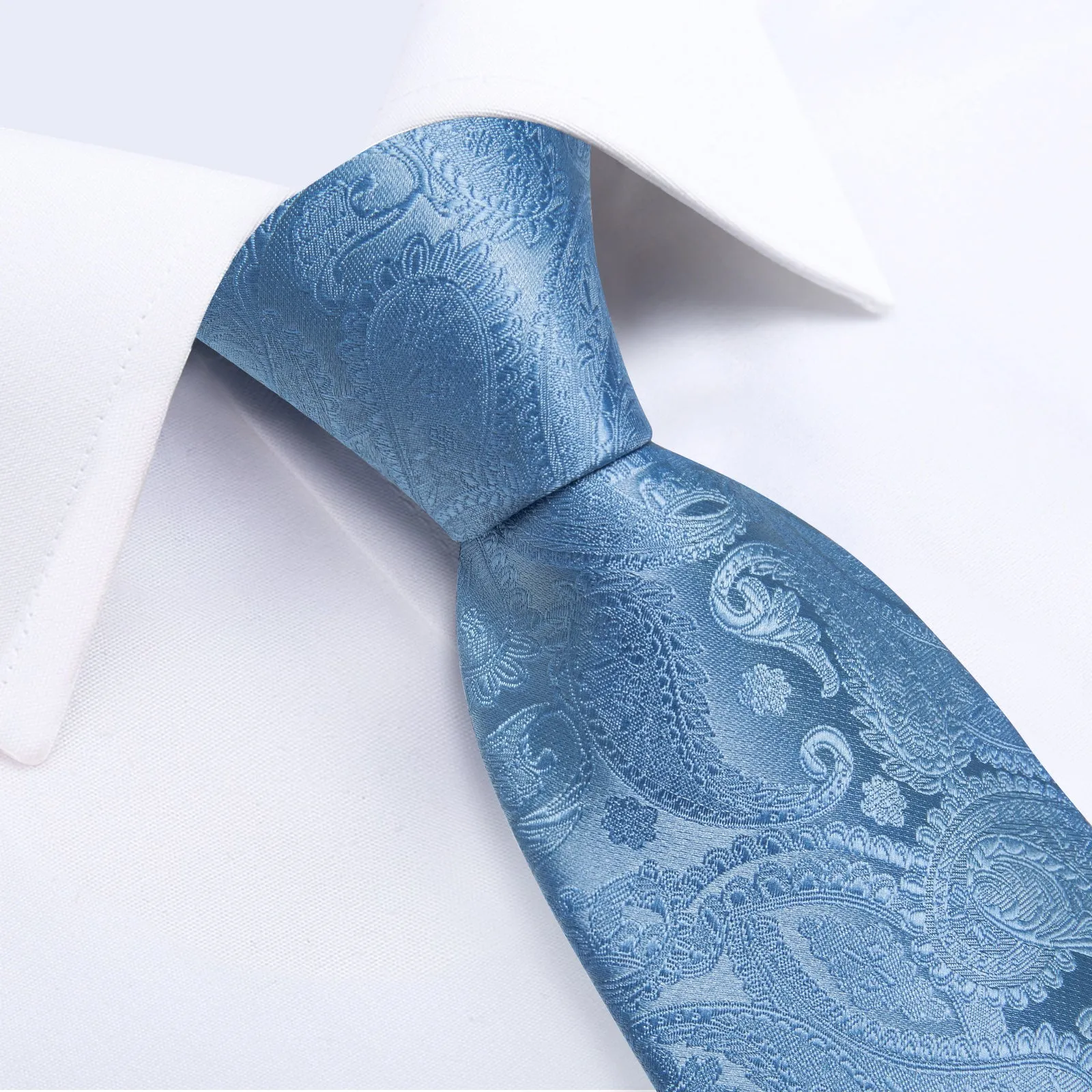 Light Blue Paisley Silk Tie Pocket Square Cufflinks Set