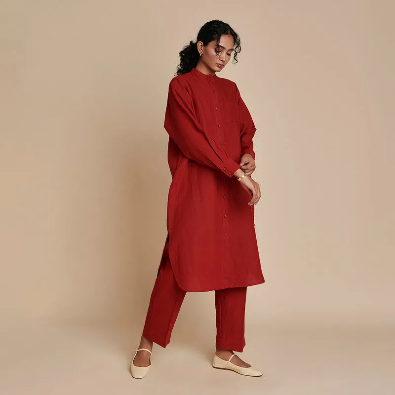 Linen Shirt Dress for Women | Red | Full Sleeves