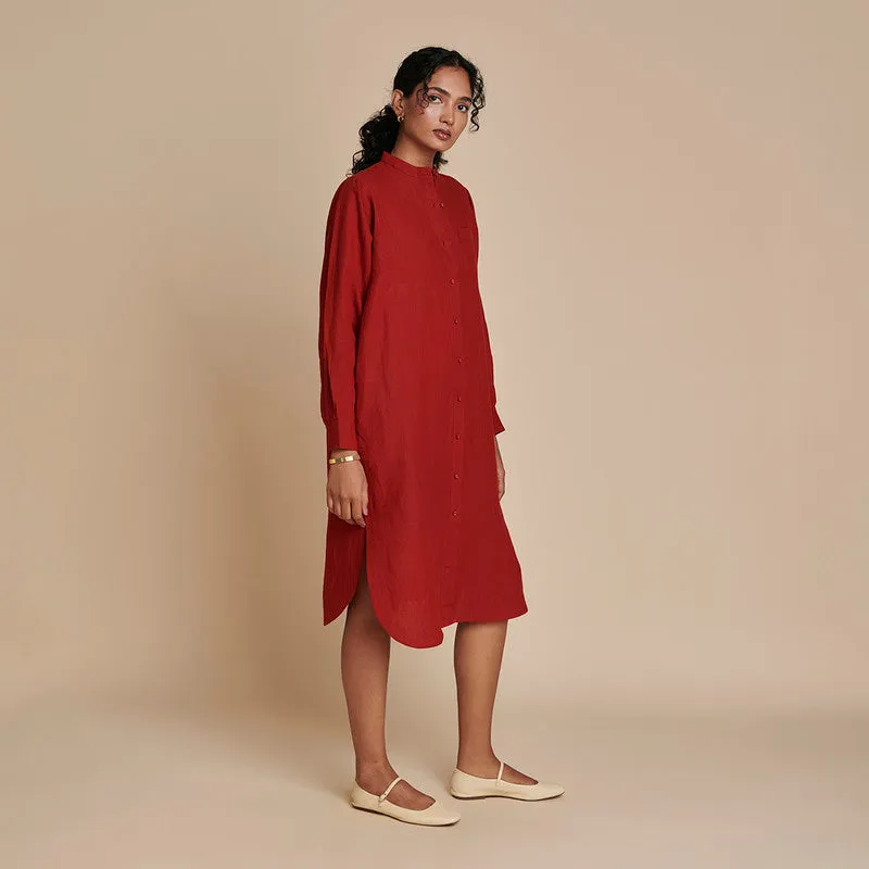 Linen Shirt Dress for Women | Red | Full Sleeves