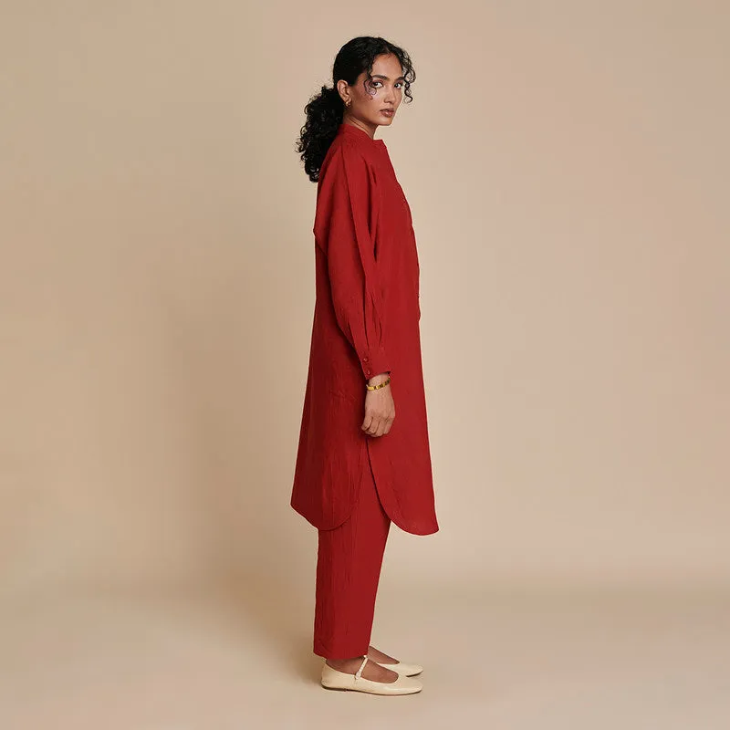 Linen Shirt Dress for Women | Red | Full Sleeves