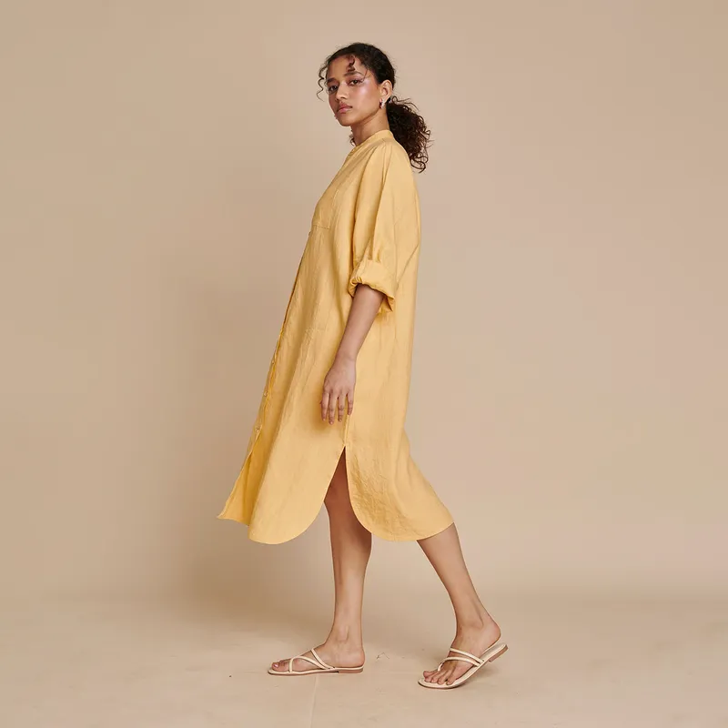 Linen Shirt Dress for Women | Yellow | Full Sleeves