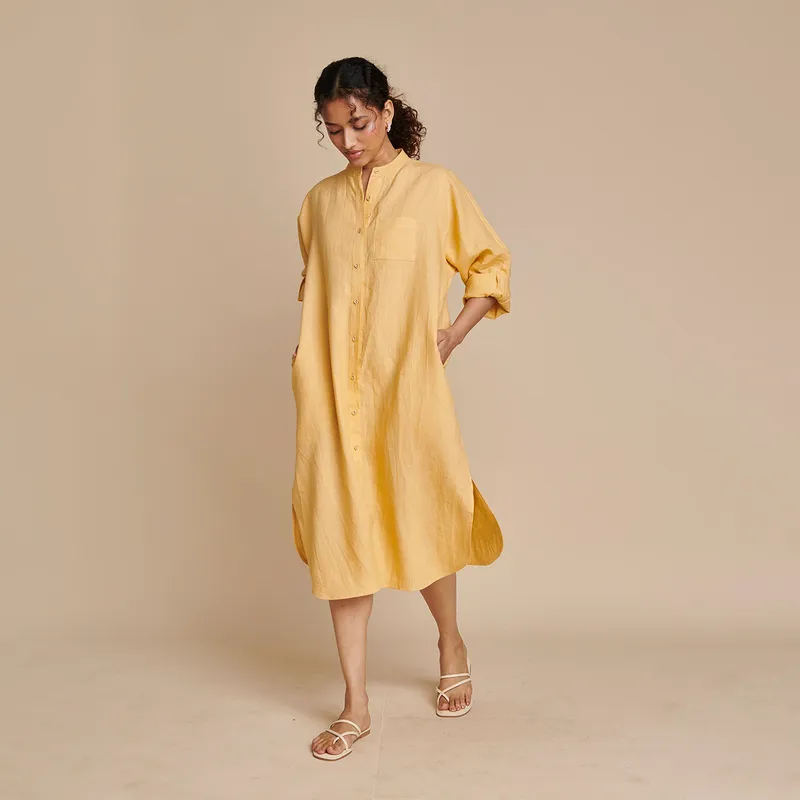 Linen Shirt Dress for Women | Yellow | Full Sleeves