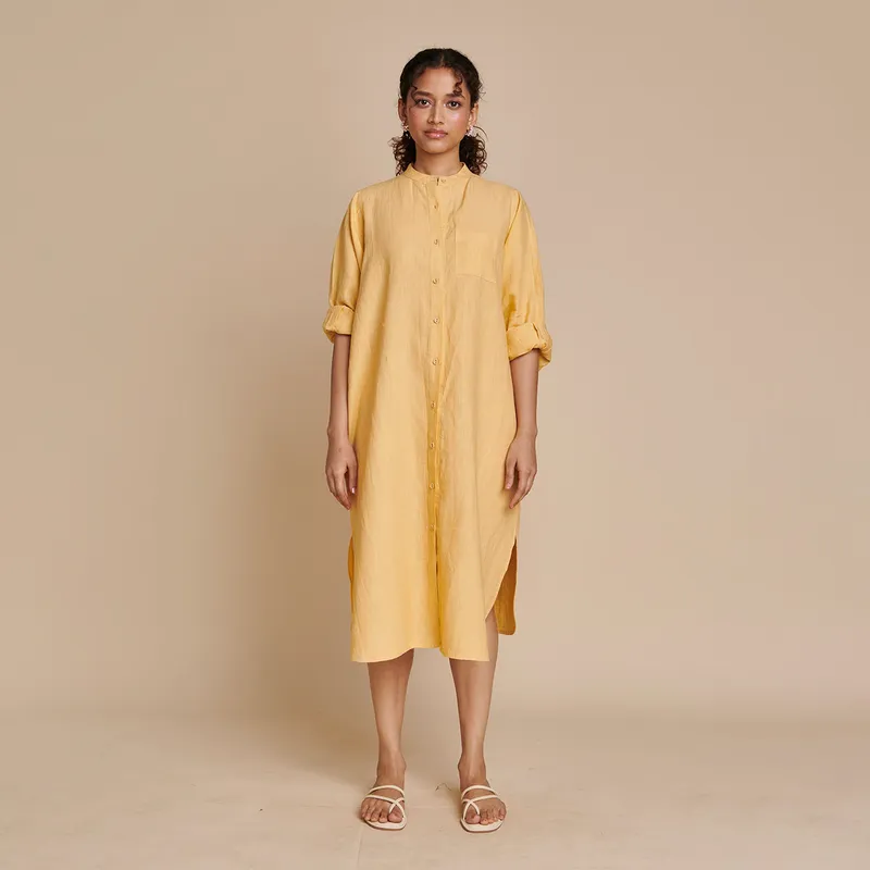 Linen Shirt Dress for Women | Yellow | Full Sleeves