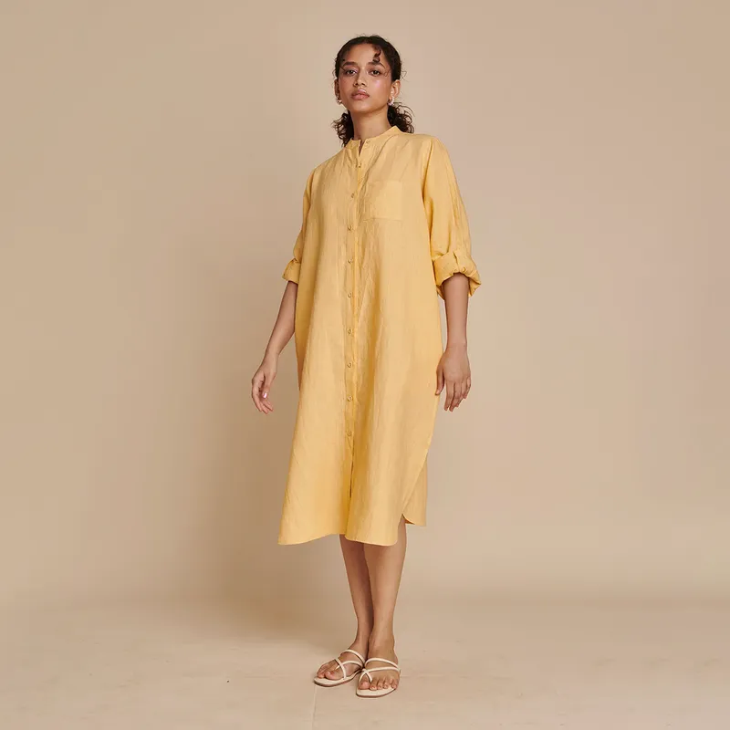 Linen Shirt Dress for Women | Yellow | Full Sleeves