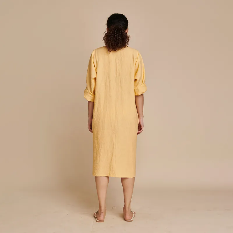 Linen Shirt Dress for Women | Yellow | Full Sleeves