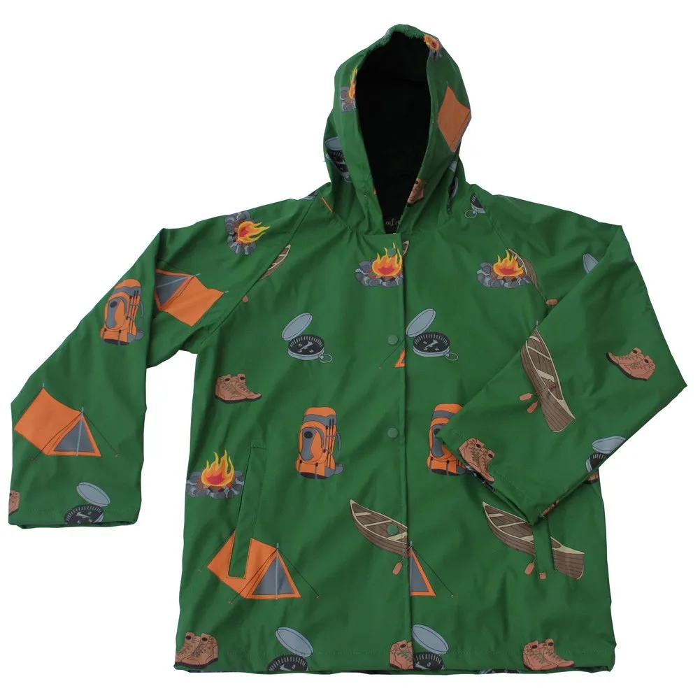 Little Boys Green Grey Camping Print Hooded Lined Raincoat 1T-6