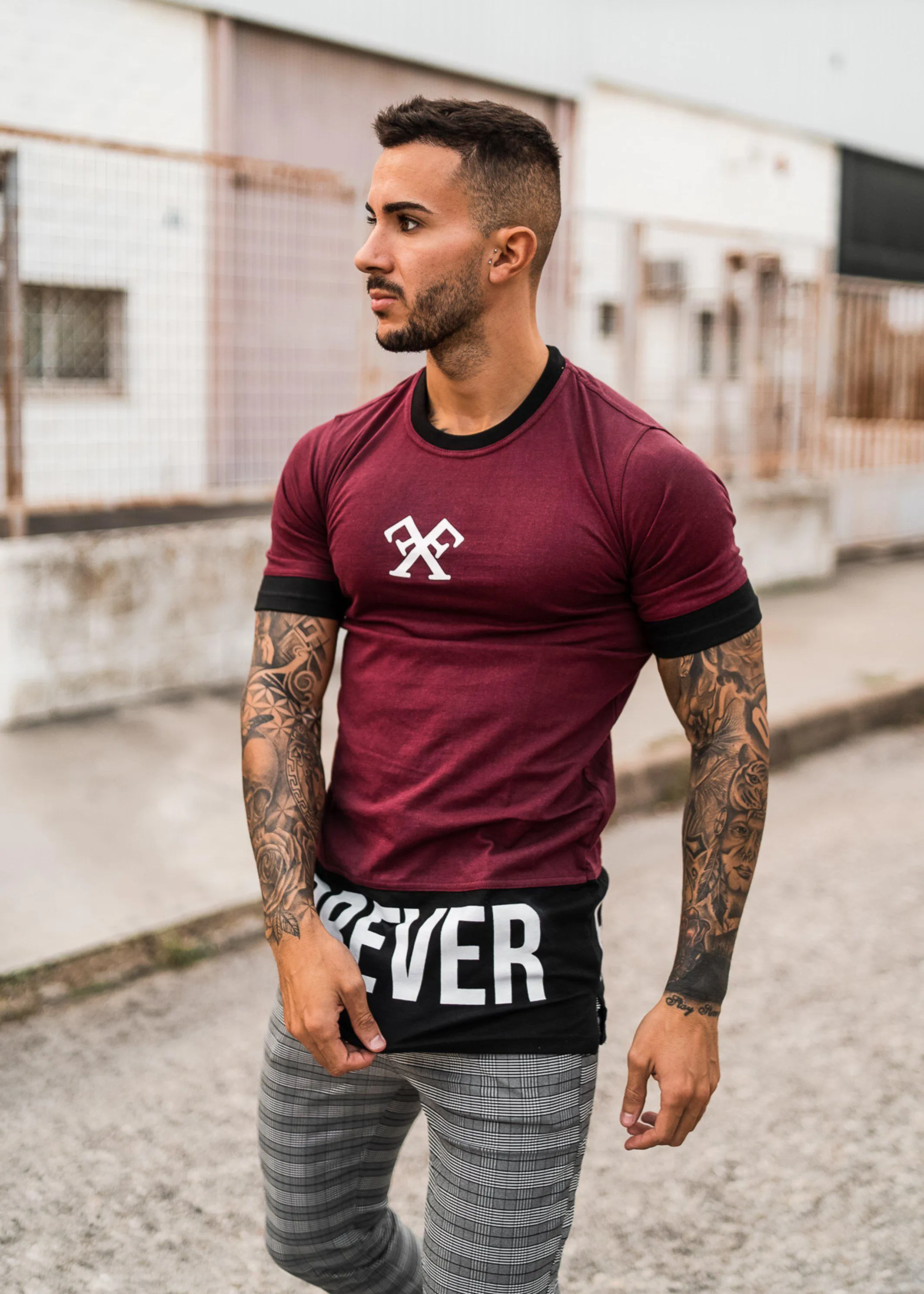 Long Line Street T-Shirt - Burgundy & Black