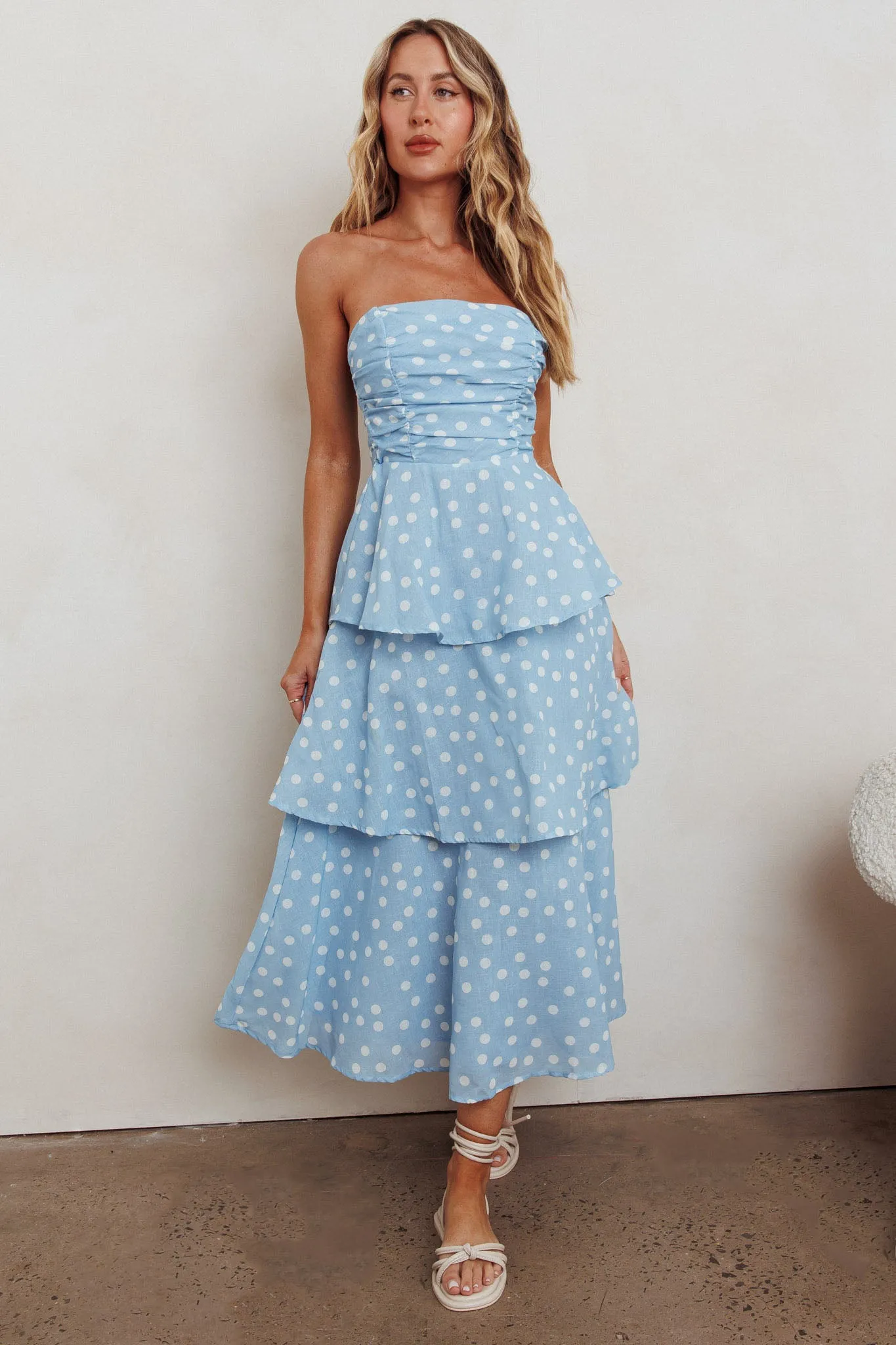 Lorcan Strapless Ruffle Dotted Midi Dress Blue