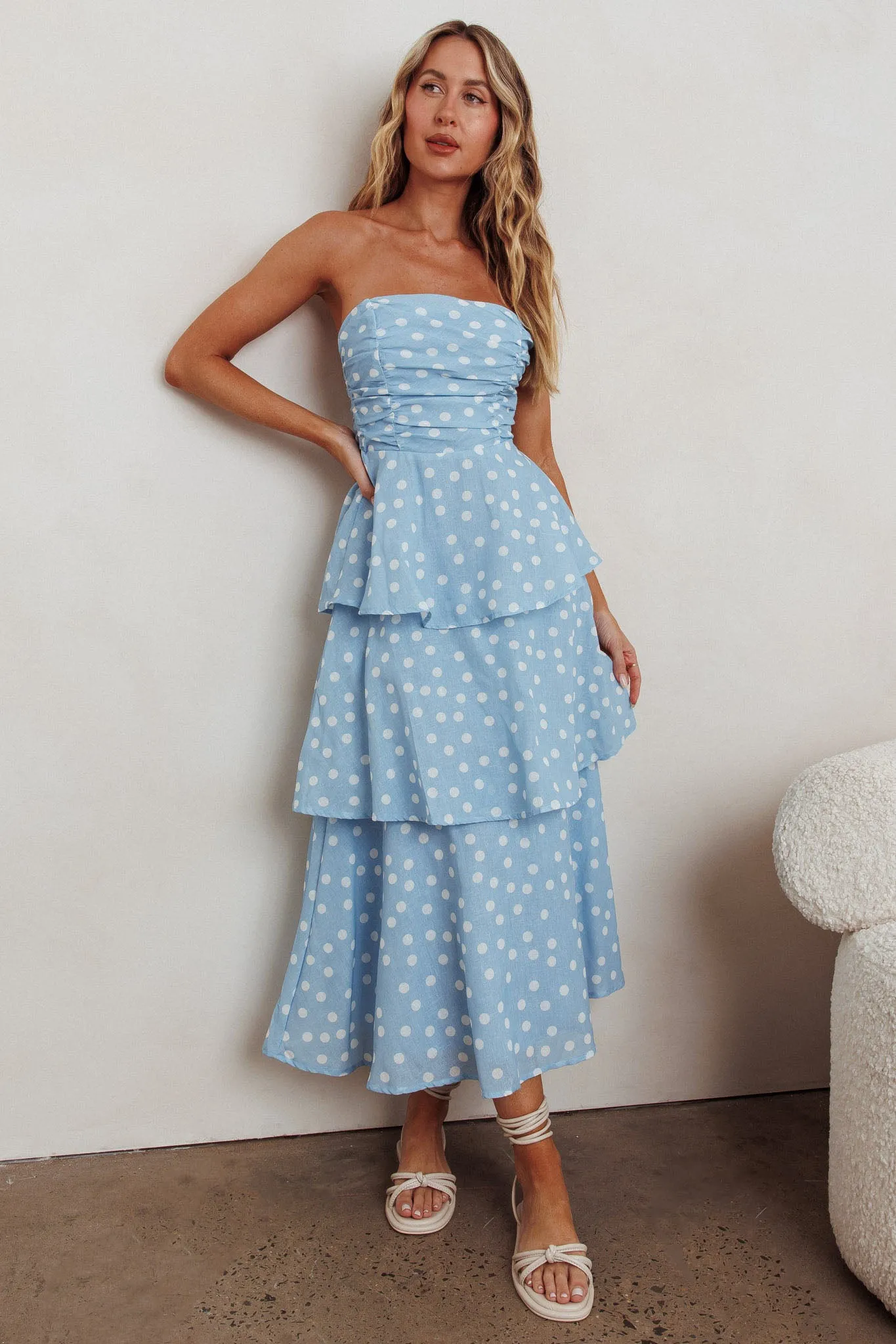 Lorcan Strapless Ruffle Dotted Midi Dress Blue