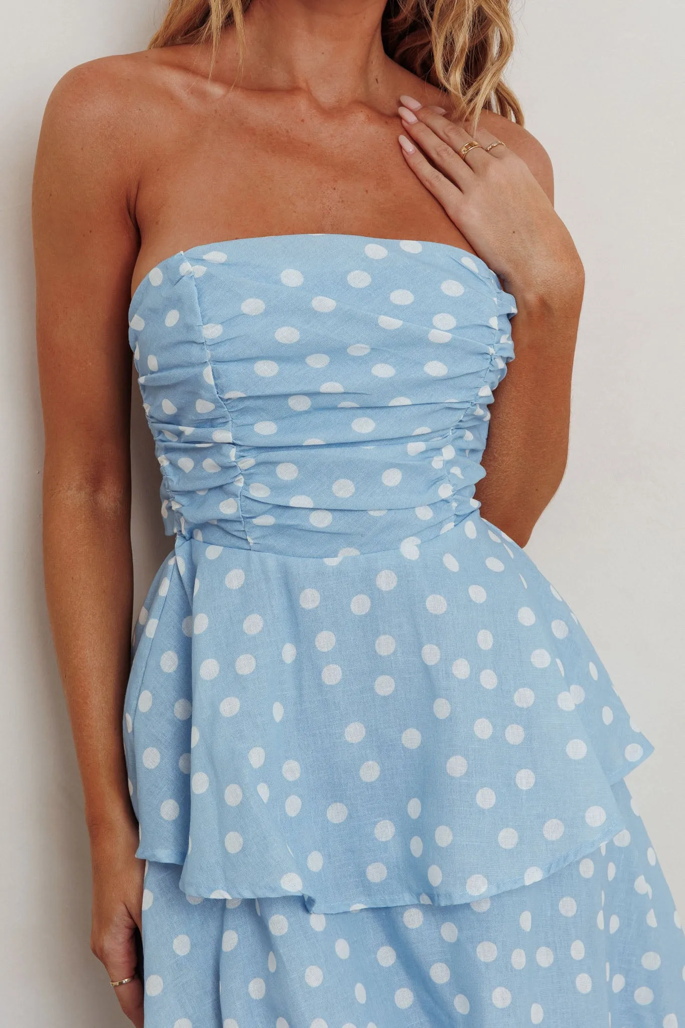 Lorcan Strapless Ruffle Dotted Midi Dress Blue