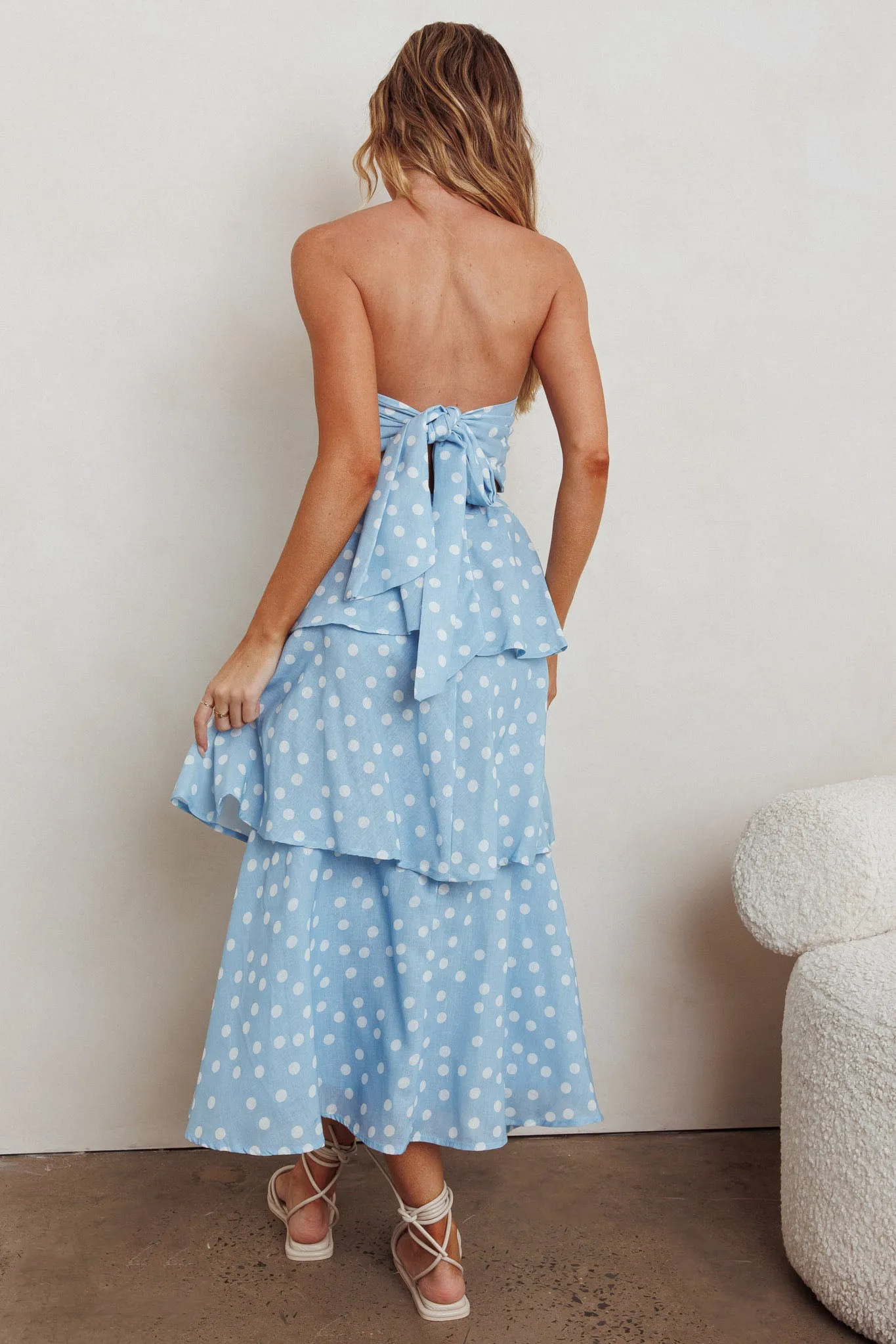 Lorcan Strapless Ruffle Dotted Midi Dress Blue