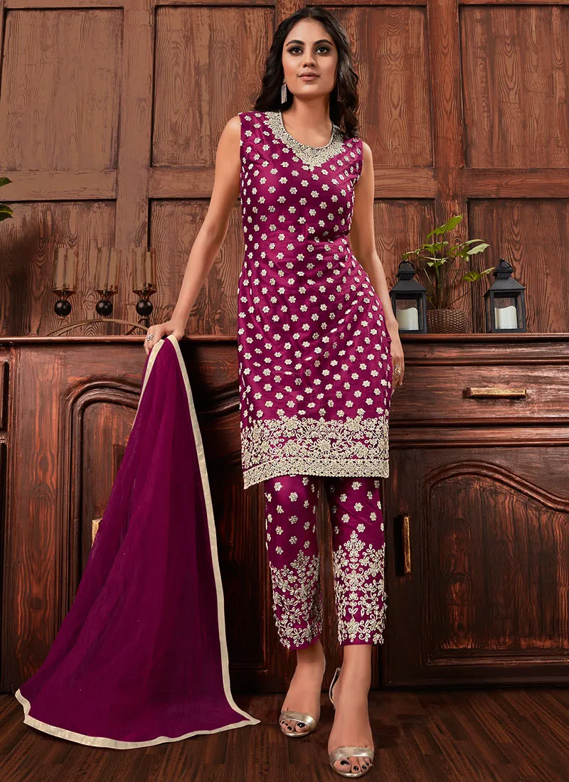 Magenta Color Embroidered Jacket Style Pant Salwar Suit