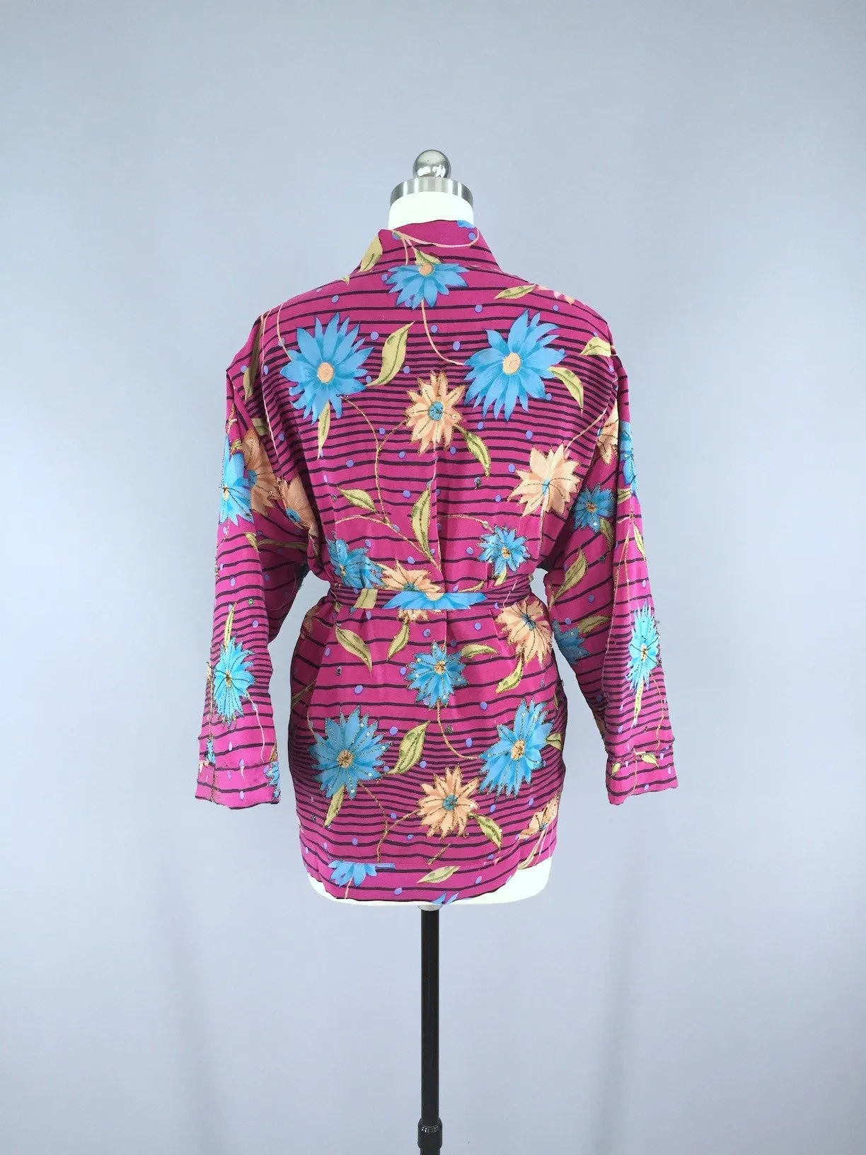 Magenta Striped Floral Print Silk Kimono Cardigan made from a Vintage Indian Sari