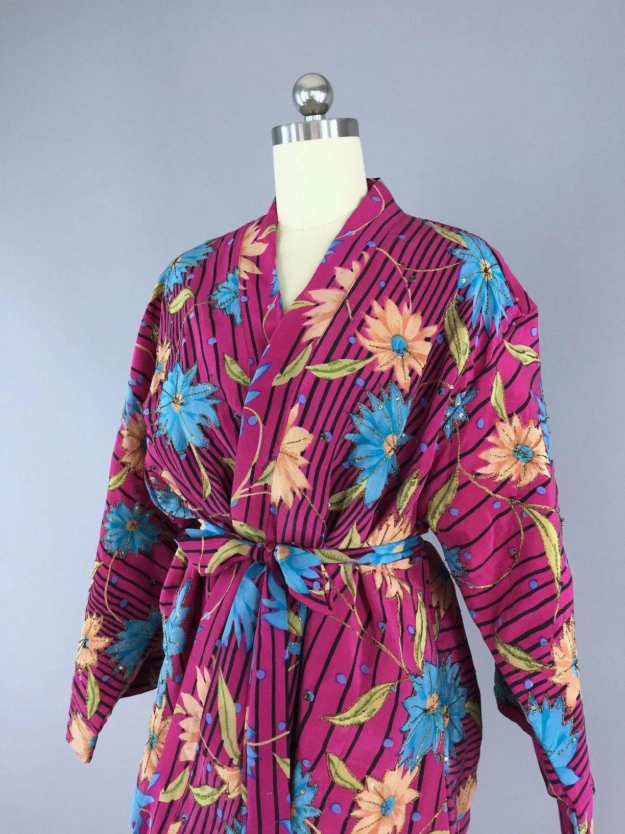 Magenta Striped Floral Print Silk Kimono Cardigan made from a Vintage Indian Sari