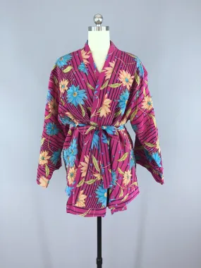 Magenta Striped Floral Print Silk Kimono Cardigan made from a Vintage Indian Sari