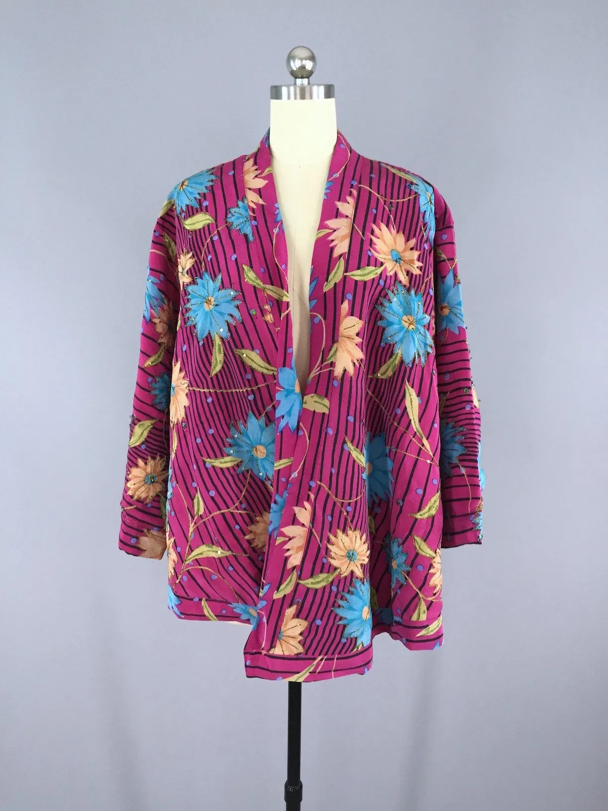 Magenta Striped Floral Print Silk Kimono Cardigan made from a Vintage Indian Sari