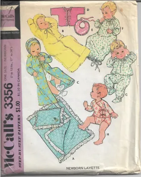 McCalls 3356 Baby Layette Nightgown Bunting Pajamas Vintage Sewing Pattern 1970s