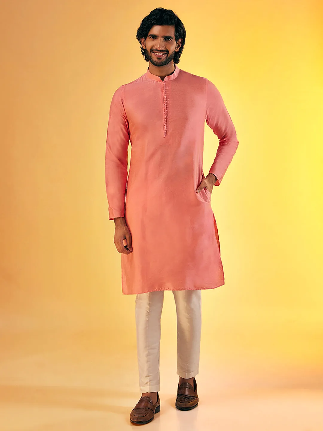 Men Pink Kurta Trouser With Printed Nehru Jacket