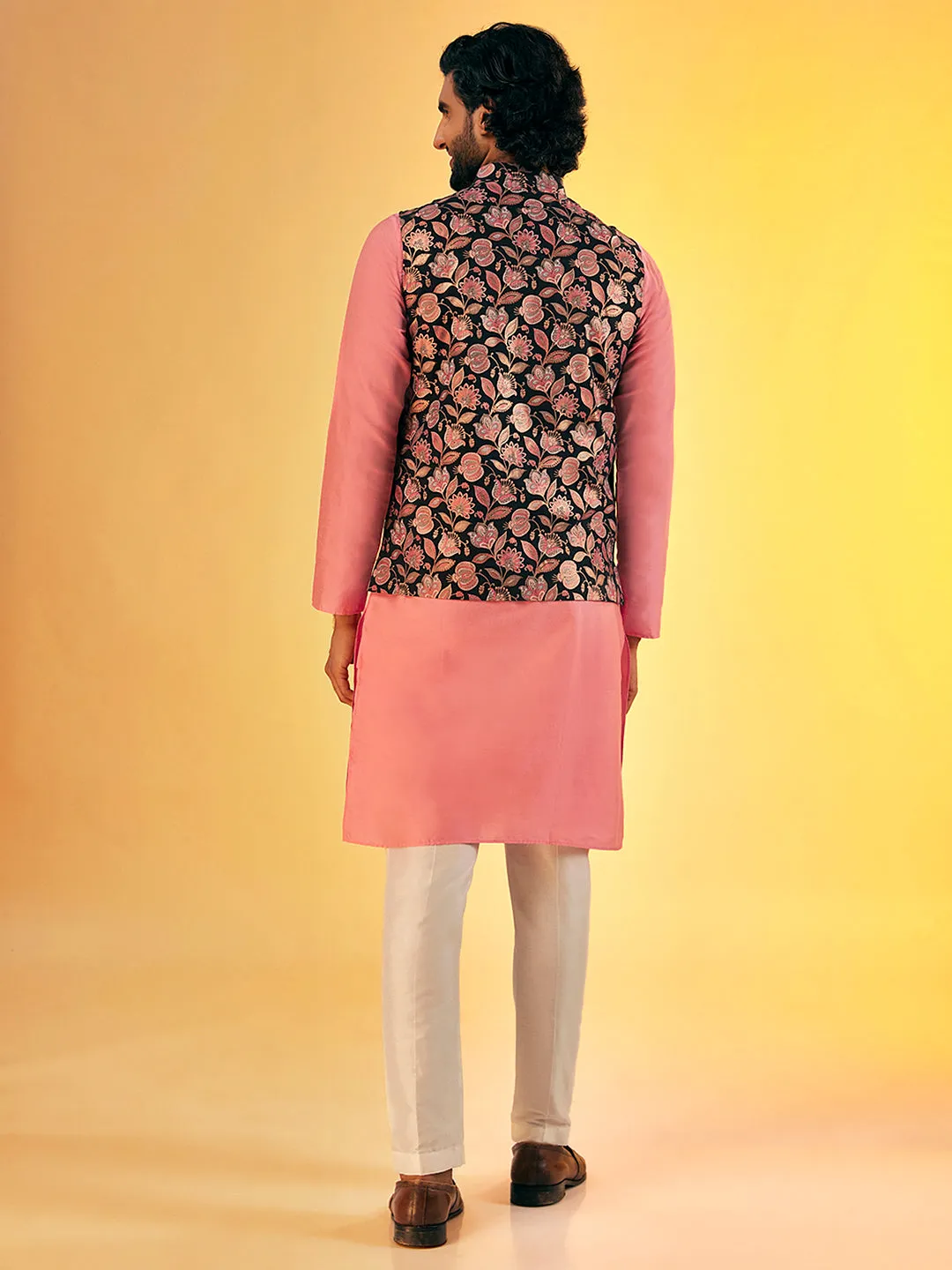 Men Pink Kurta Trouser With Printed Nehru Jacket