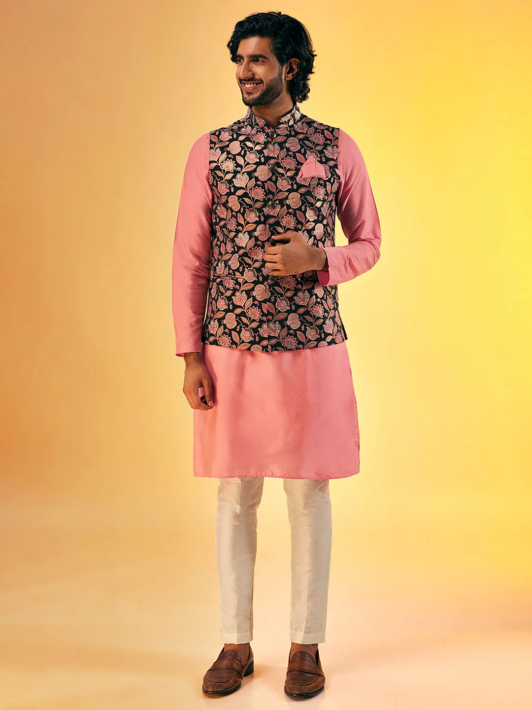 Men Pink Kurta Trouser With Printed Nehru Jacket