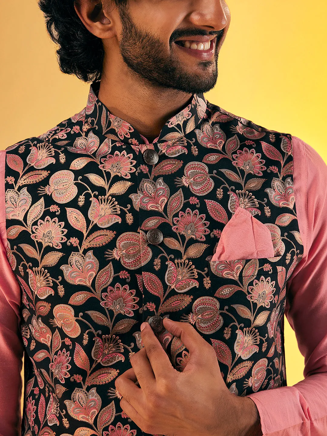 Men Pink Kurta Trouser With Printed Nehru Jacket