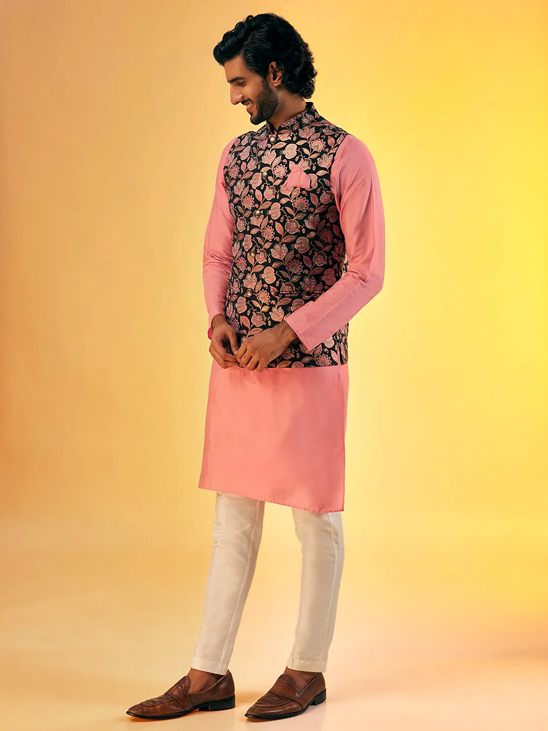 Men Pink Kurta Trouser With Printed Nehru Jacket