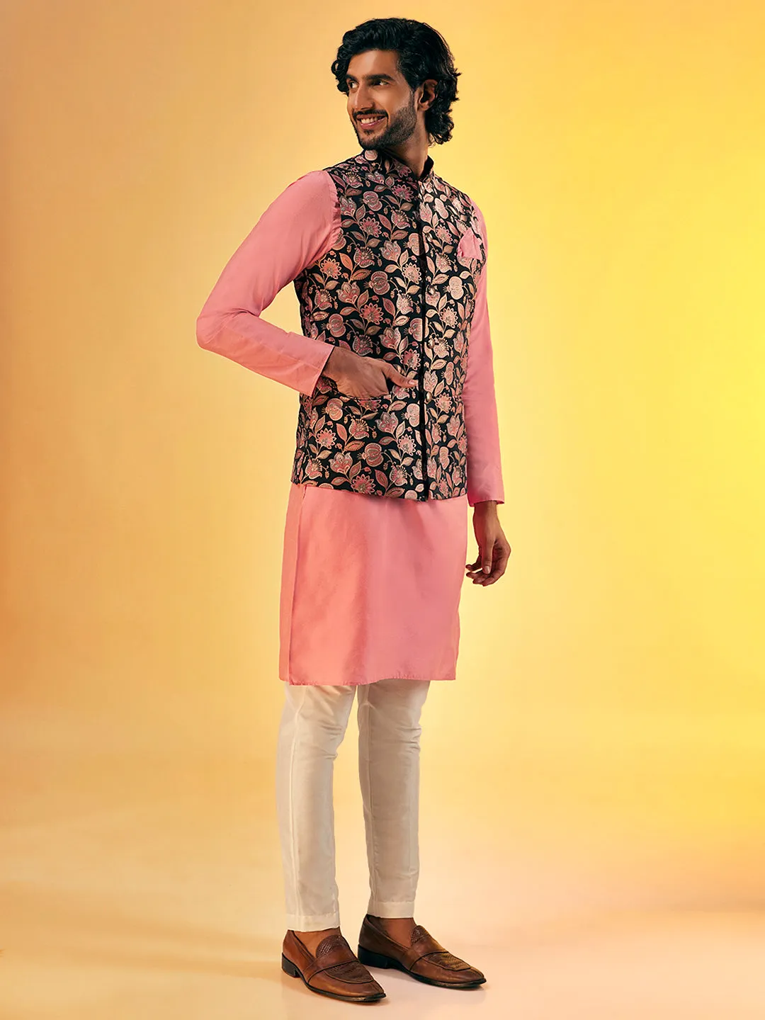 Men Pink Kurta Trouser With Printed Nehru Jacket