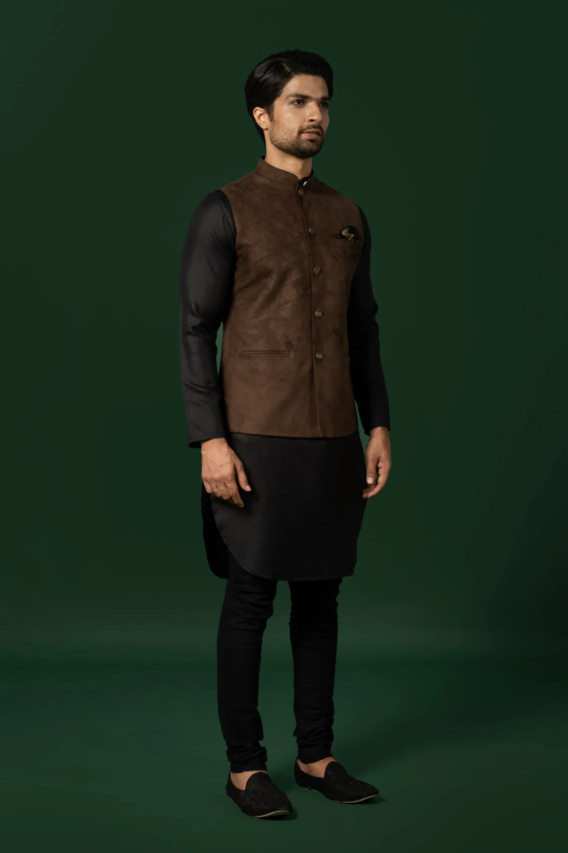 Men's Brown Kurta Jacket Churidar Set