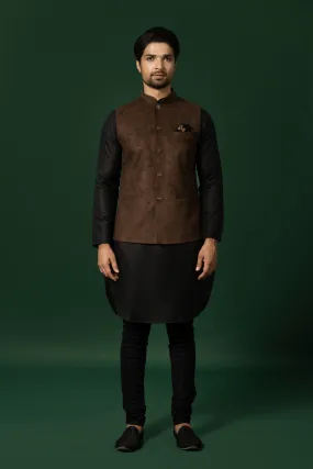 Men's Brown Kurta Jacket Churidar Set