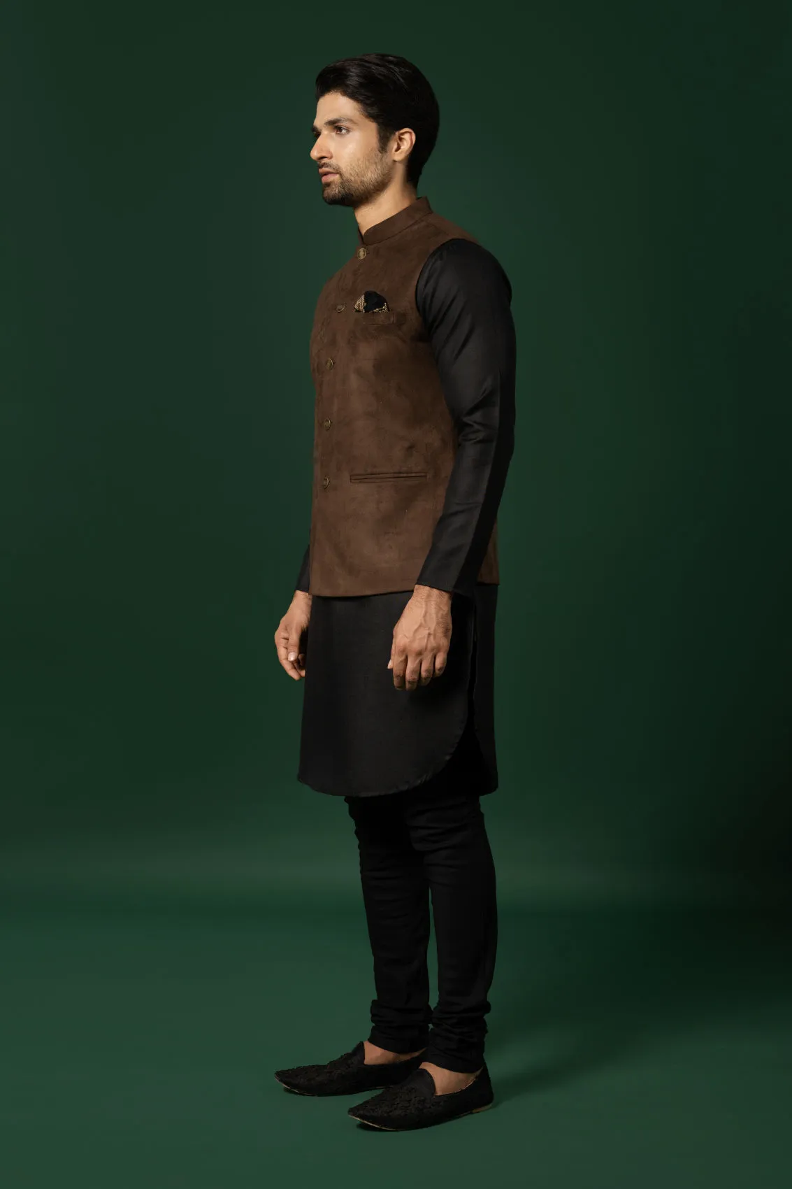 Men's Brown Kurta Jacket Churidar Set