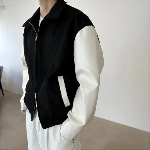 Men's Korean Deisgn Winter Casual Streetwear Loose Fit Leather Sleeve Collar Jacket