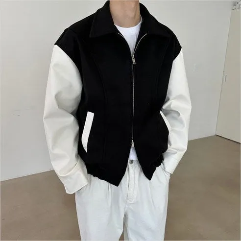 Men's Korean Deisgn Winter Casual Streetwear Loose Fit Leather Sleeve Collar Jacket