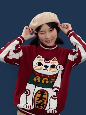 Metaversmall Women Cartoon Lucky Cat Embroidery Red Sweaters Harajuku Kawaii Knitted Pullover Winter Long Sleeve O-Neck Sweater