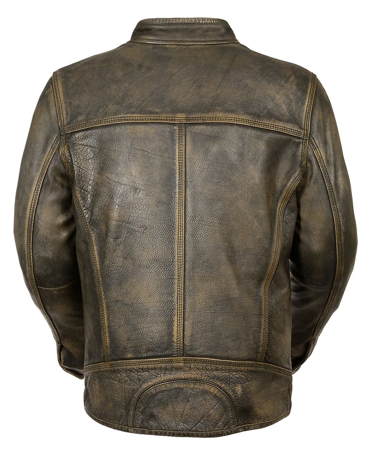 Milwaukee Men's Distressed Brown Leather Scooter Jacket w/ Triple Stitch Detailing