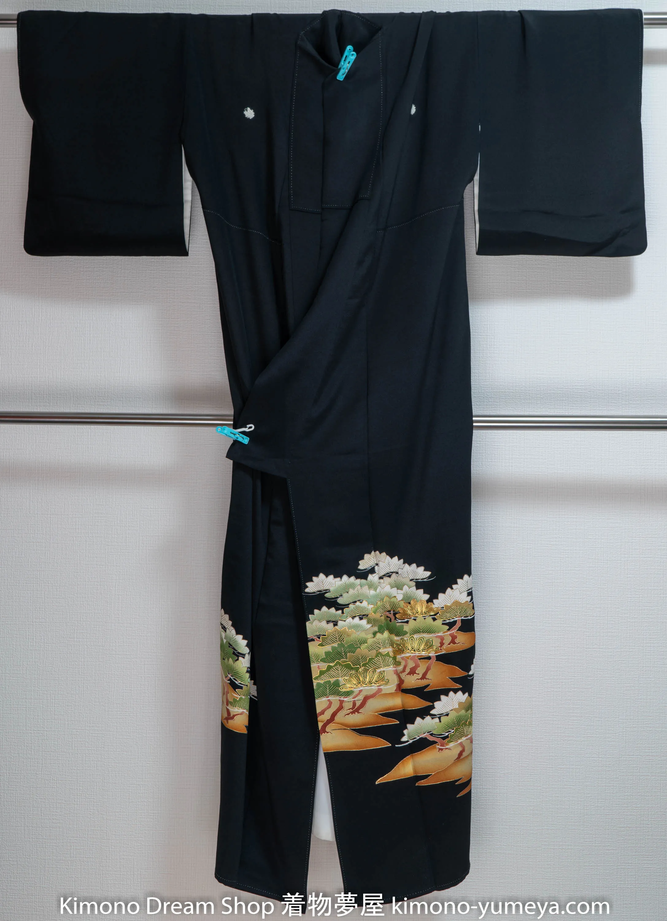 Mountains Hills Tomesode - Formal Black Women's Kimono - Golden Accenting Green Brown Trees Silk