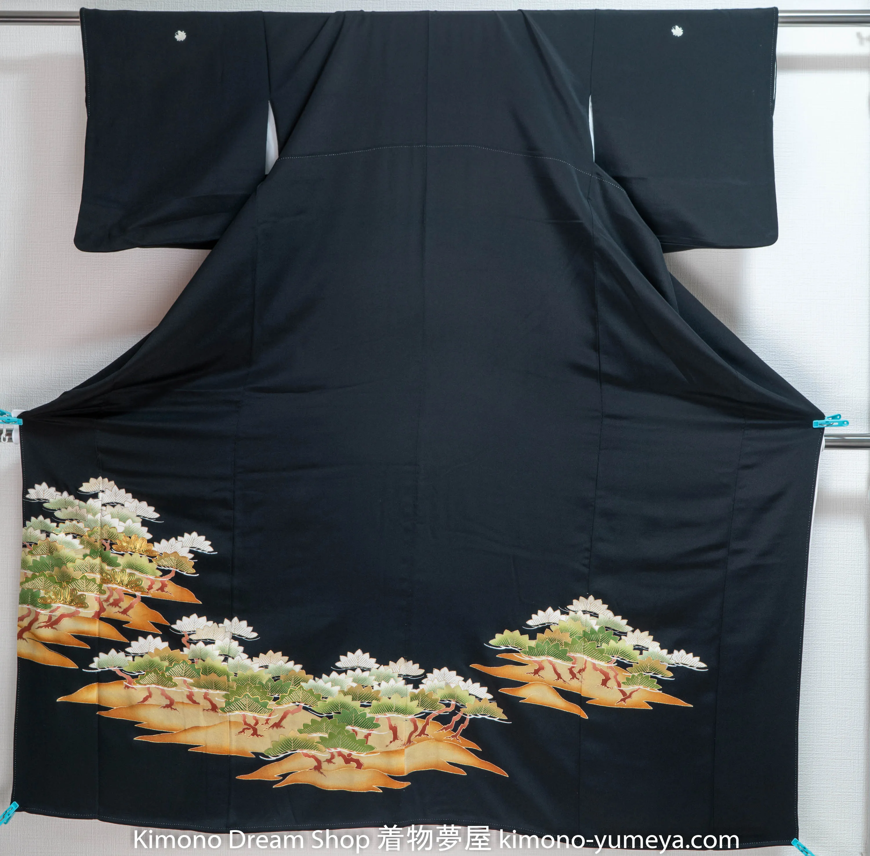 Mountains Hills Tomesode - Formal Black Women's Kimono - Golden Accenting Green Brown Trees Silk