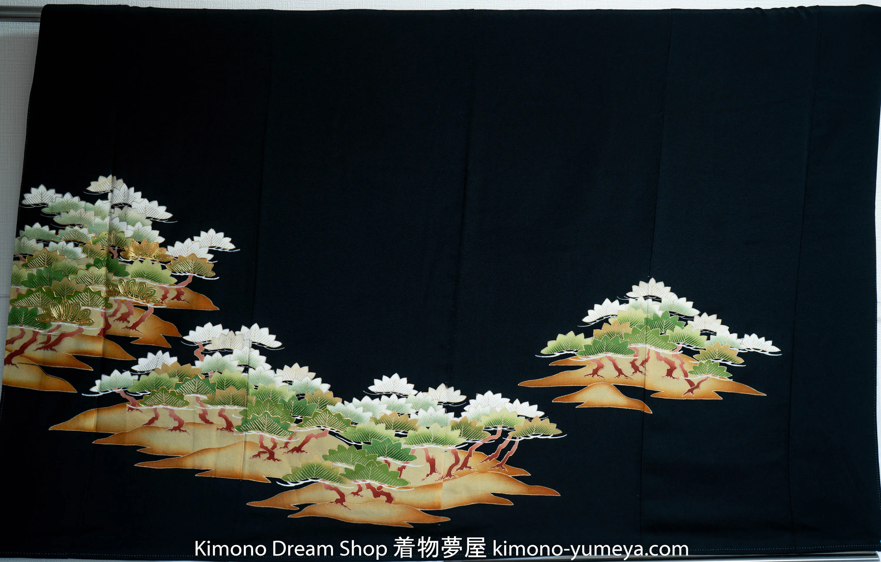 Mountains Hills Tomesode - Formal Black Women's Kimono - Golden Accenting Green Brown Trees Silk