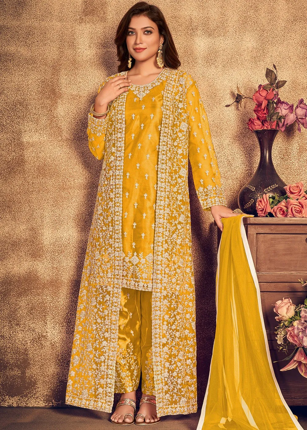 Mustard Yellow Satin Net Suit with Heavy Jacket