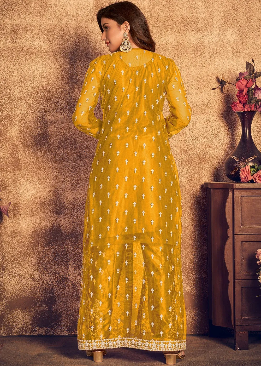 Mustard Yellow Satin Net Suit with Heavy Jacket