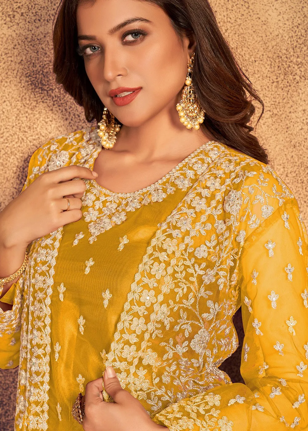 Mustard Yellow Satin Net Suit with Heavy Jacket